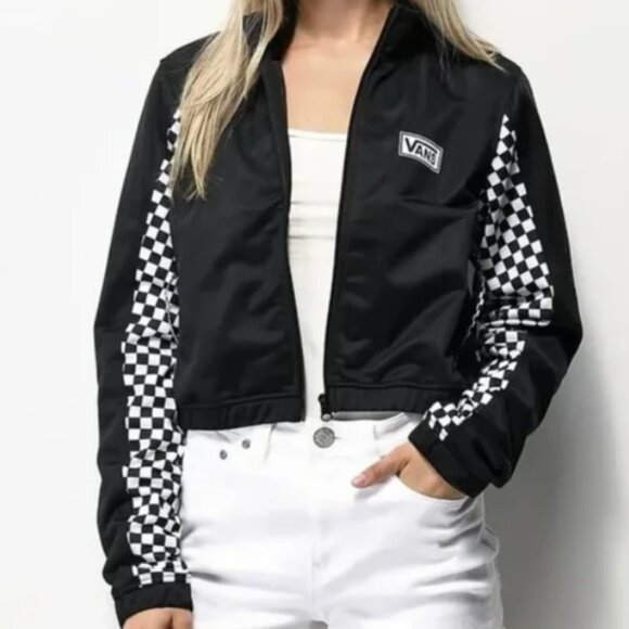 Vans Black White Checkered Zip Up Cropped Jacket Women’s Track Workout size L - Picture 1 of 6